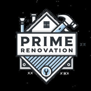 Prime Renovation logo featuring a house with tools and a shield design on black background